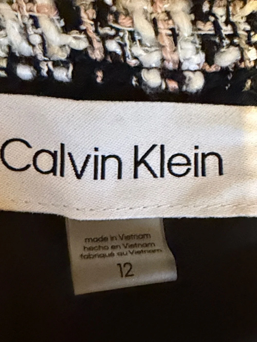 Calvin Klein women 12 large blazer jacket Black White Cream Plaid Tweed Cropped